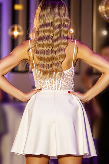 Corset White A Line Short Graduation Dress with Lace